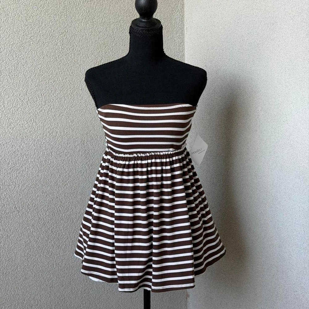 Rebellious white/brown horizontal striped babydoll strapless top Size M NWT